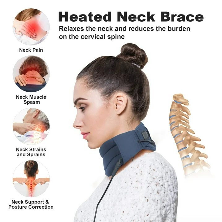 Heated Neck Brace, HONGJING Soft Cervical Collar with Heating for Pain Relief - Adjustable Neck Collar Stabilizes Spine for Sleeping and Spinal Pressure Relief
