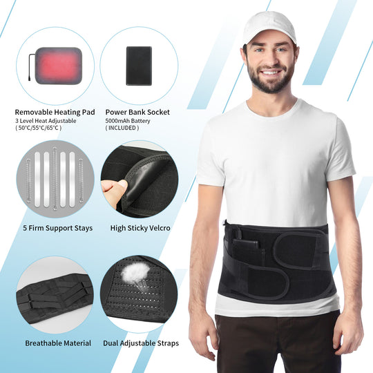 HONGJING Heated Back Brace for Lower Back Pain Relief | Rechargeable Battery Operated