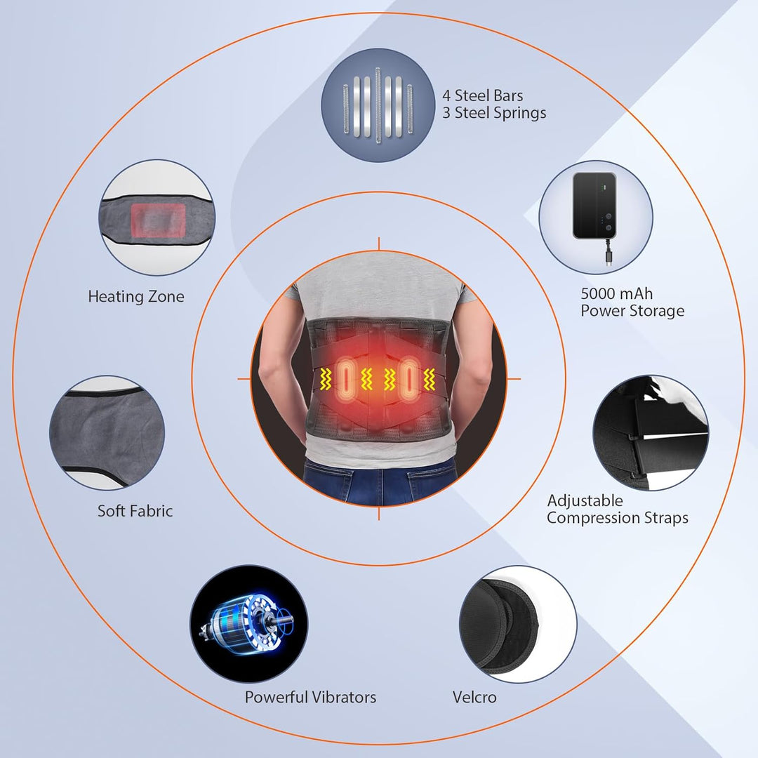 Heated Back Massager Brace for Lower Back Pain Relief, Cordless Back Vibration Massage Belt with 3 Heating Modes and 4 Massage Modes for Sciatica and Scoliosis-L